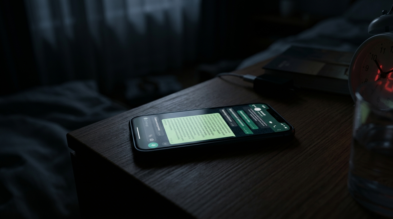 Celular de noche con una respuesta automática de WhatsApp