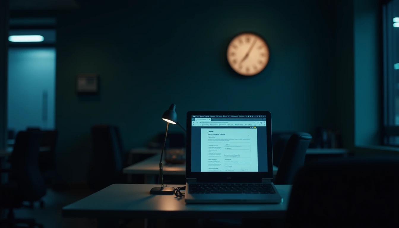 Oficina vacía de noche con laptop encendido