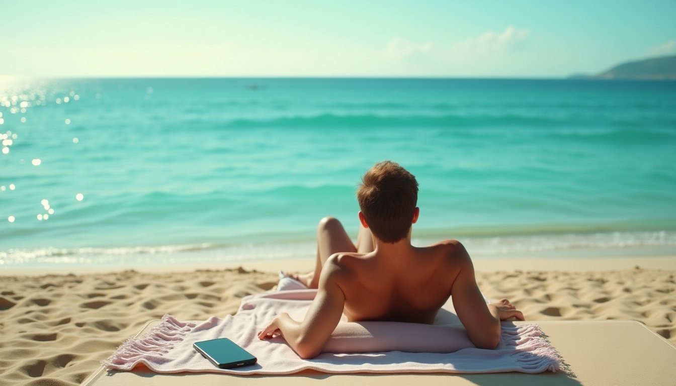 Persona relajada en la playa con el celular al lado