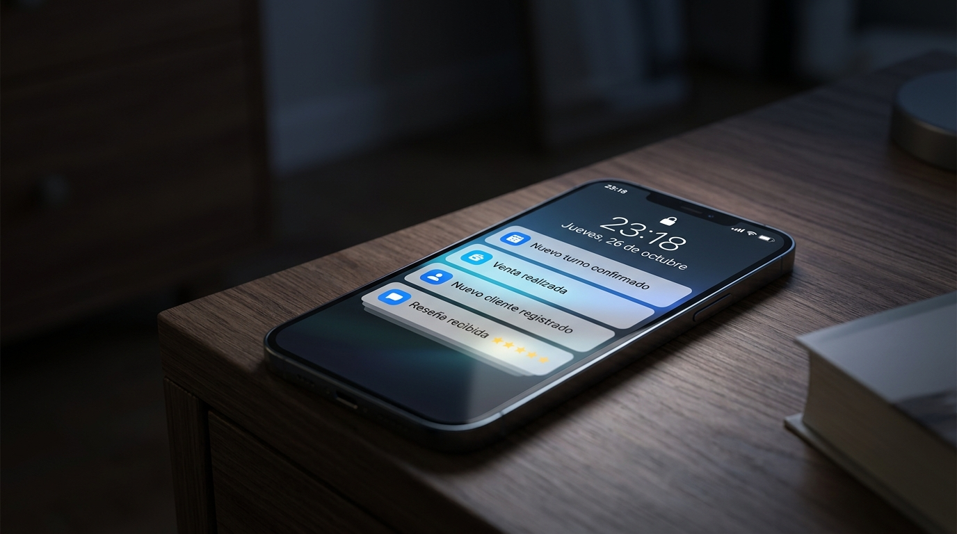 Celular en mesa de noche con notificaciones de turno, venta, cliente y reseña